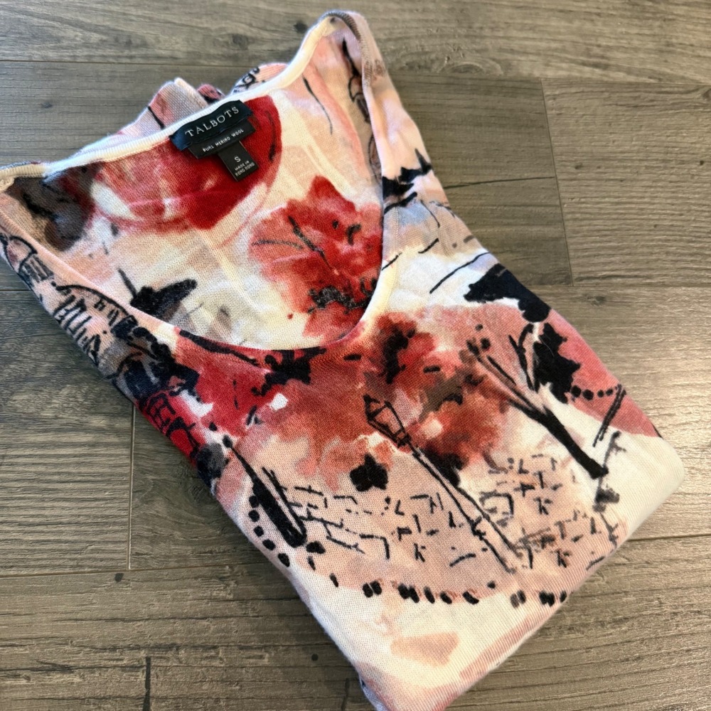 Talbots Pure Merino Wool V-Neck Sweater Paris Street Scene Print Red Pink Small